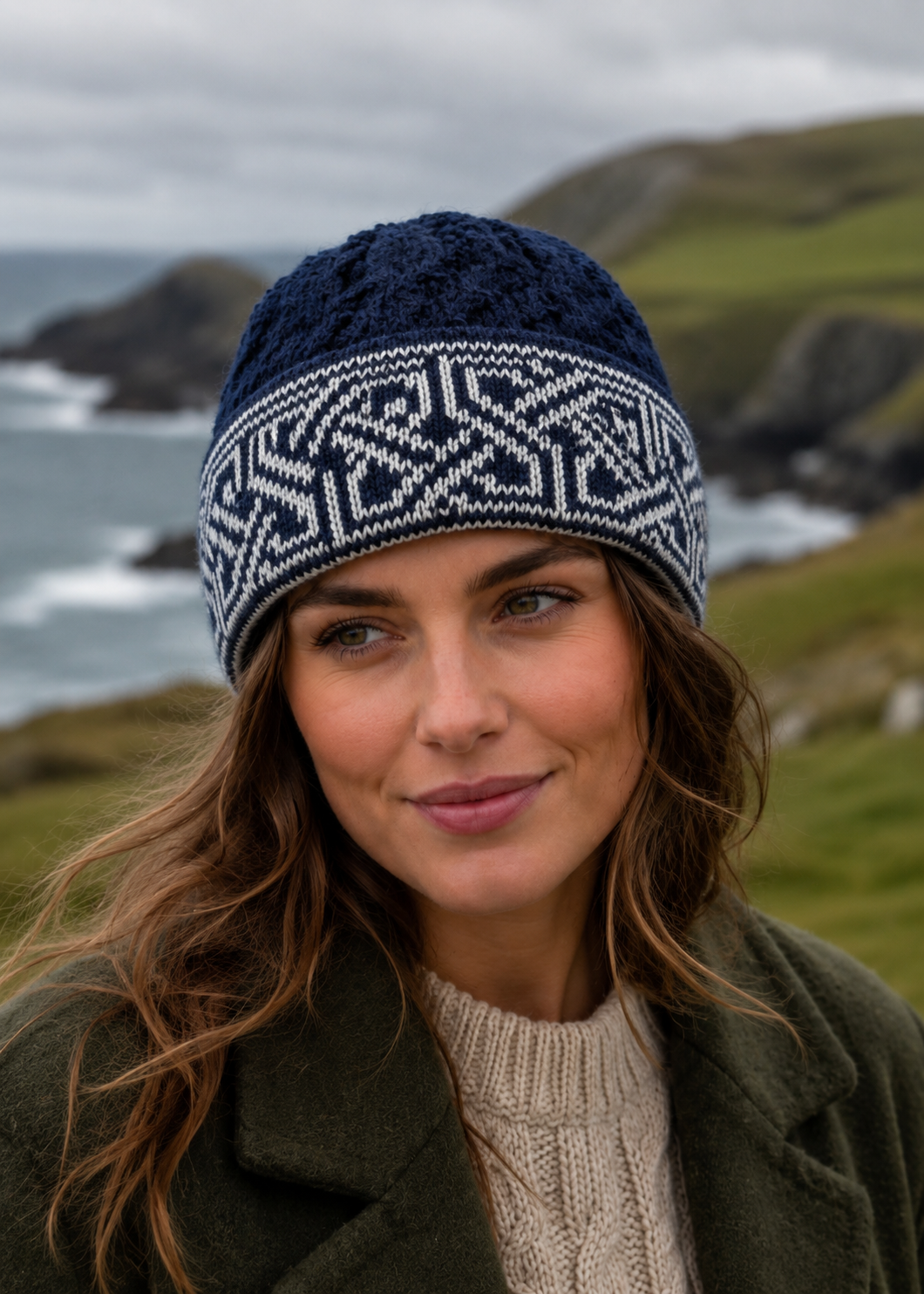 Aran Celtic Design Wool Hat | Deep Water Blue