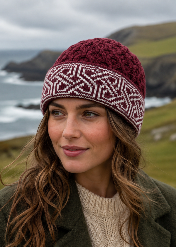 Aran Celtic Design Wool Hat | Raspberry Marl