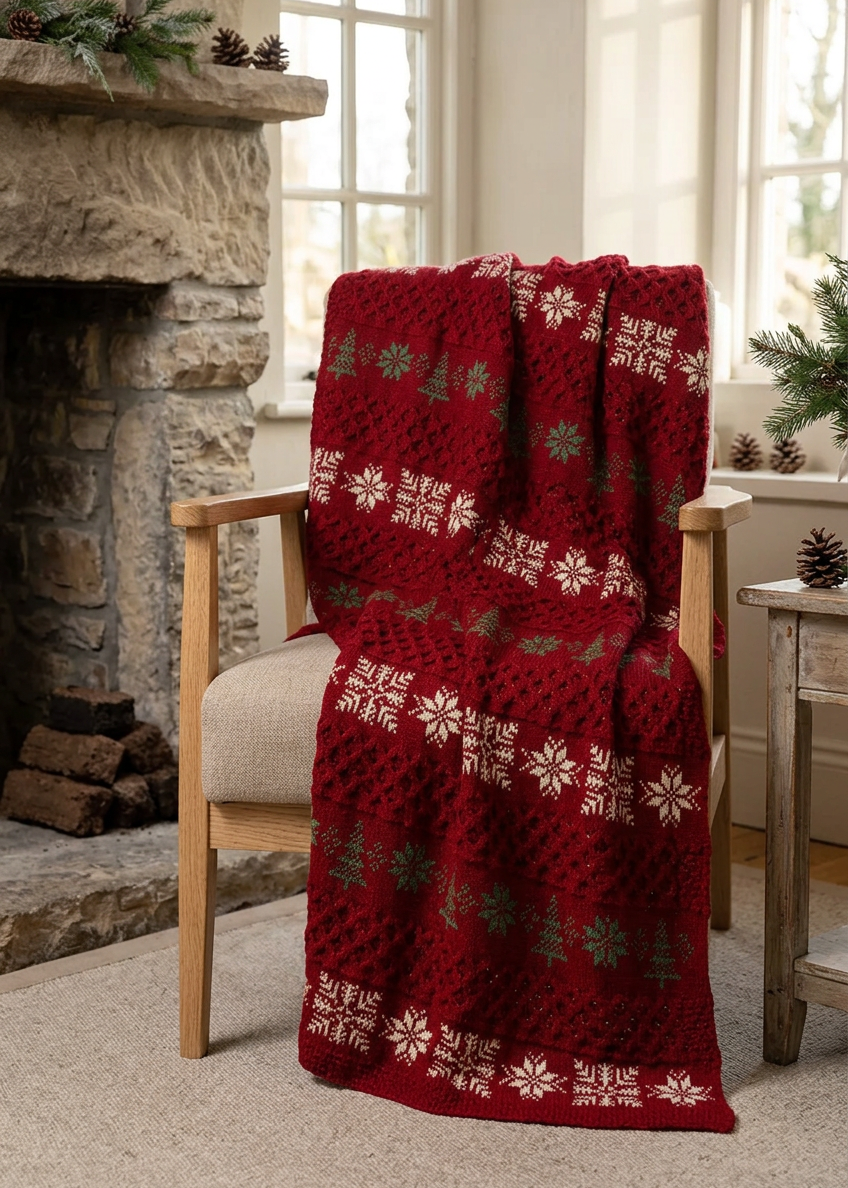 Aran Christmas Merino Wool Throw | Red