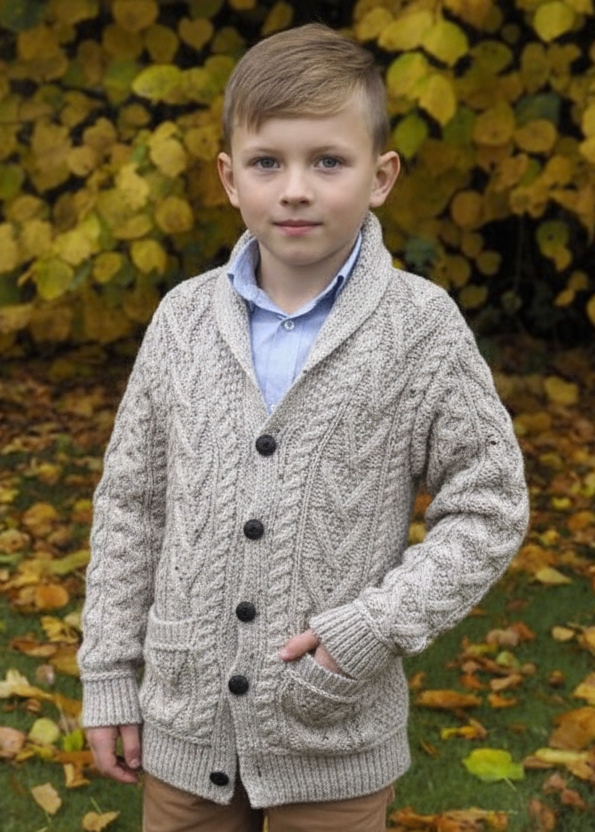 Aran Crafts Boys Shawl Cardigan | Oatmeal