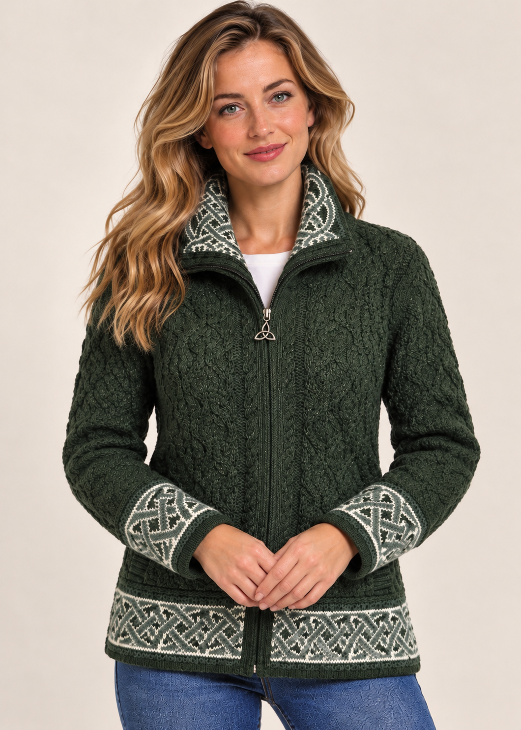 Aran Crafts Celtic Funnel Neck Jacquard Cardigan | Green