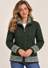 Aran Crafts Celtic Funnel Neck Jacquard Cardigan | Green