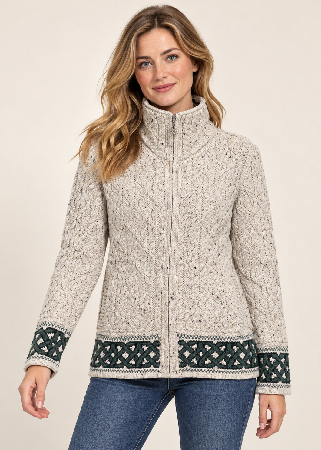 Aran Crafts Celtic Funnel Neck Jacquard Cardigan | Oatmeal