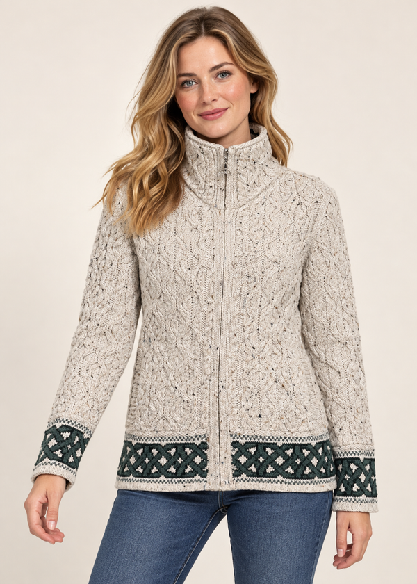 Aran Crafts Celtic Funnel Neck Jacquard Cardigan | Oatmeal