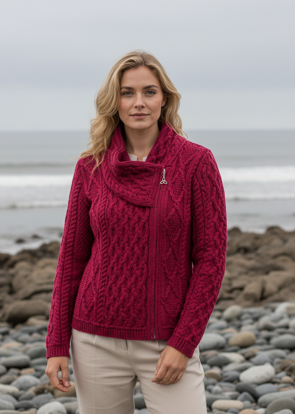 Aran Crafts Ladies Side Zip Cardigan | Berry