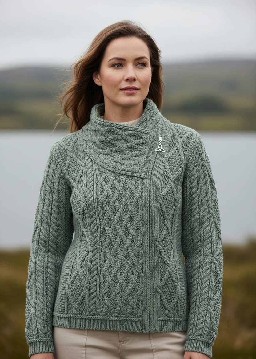 Aran Crafts Ladies Side Zip Cardigan | Thundra Green