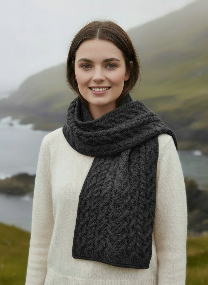 Aran Crafts Merino Wool Heart Scarf - Charcoal Grey | Traditional Irish Knitwear