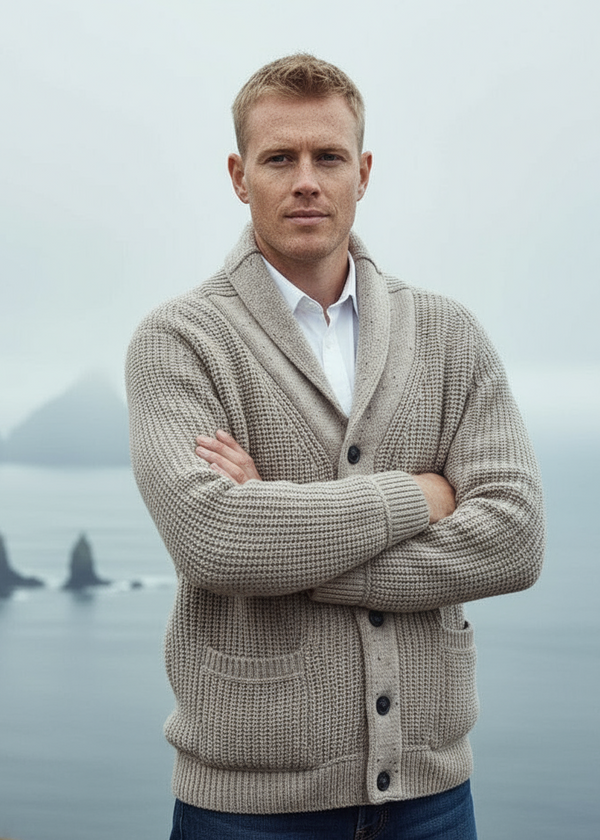Aran Crafts Ribbed Gents Cardigan | Oatmeal