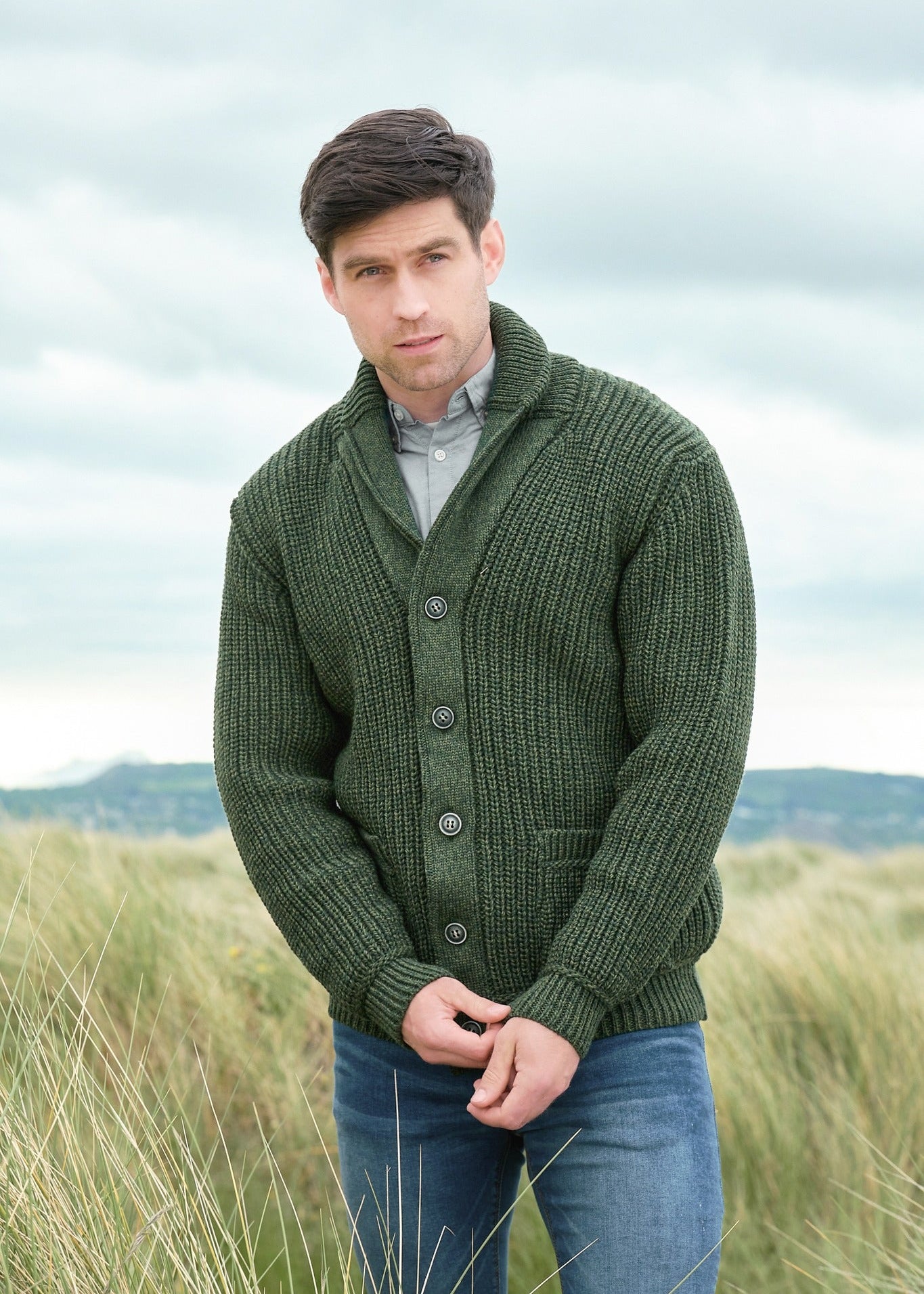 Aran Crafts Ribbed Shawl Cardigan | Green