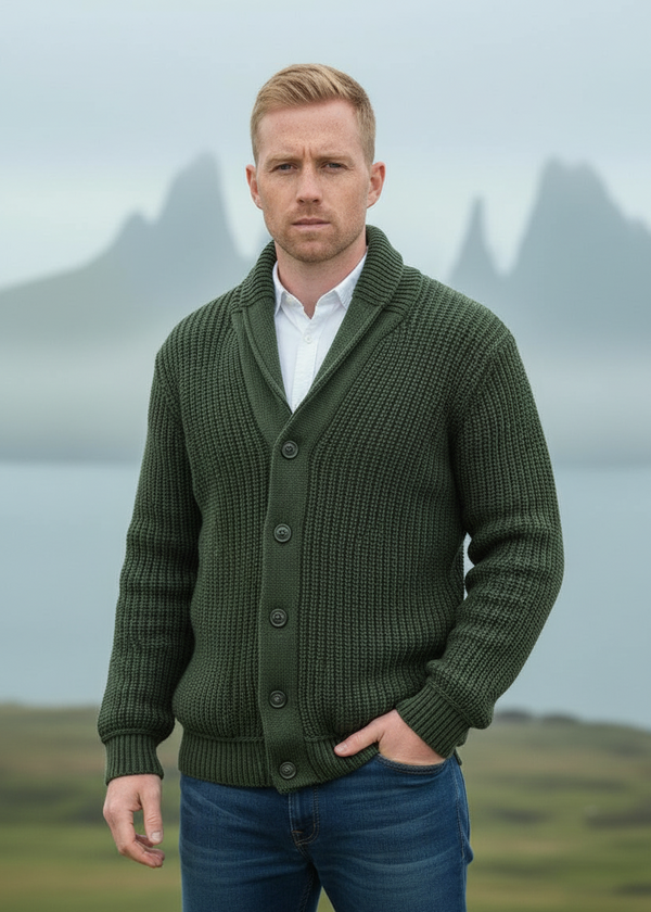 Aran Crafts Ribbed Shawl Cardigan | Green