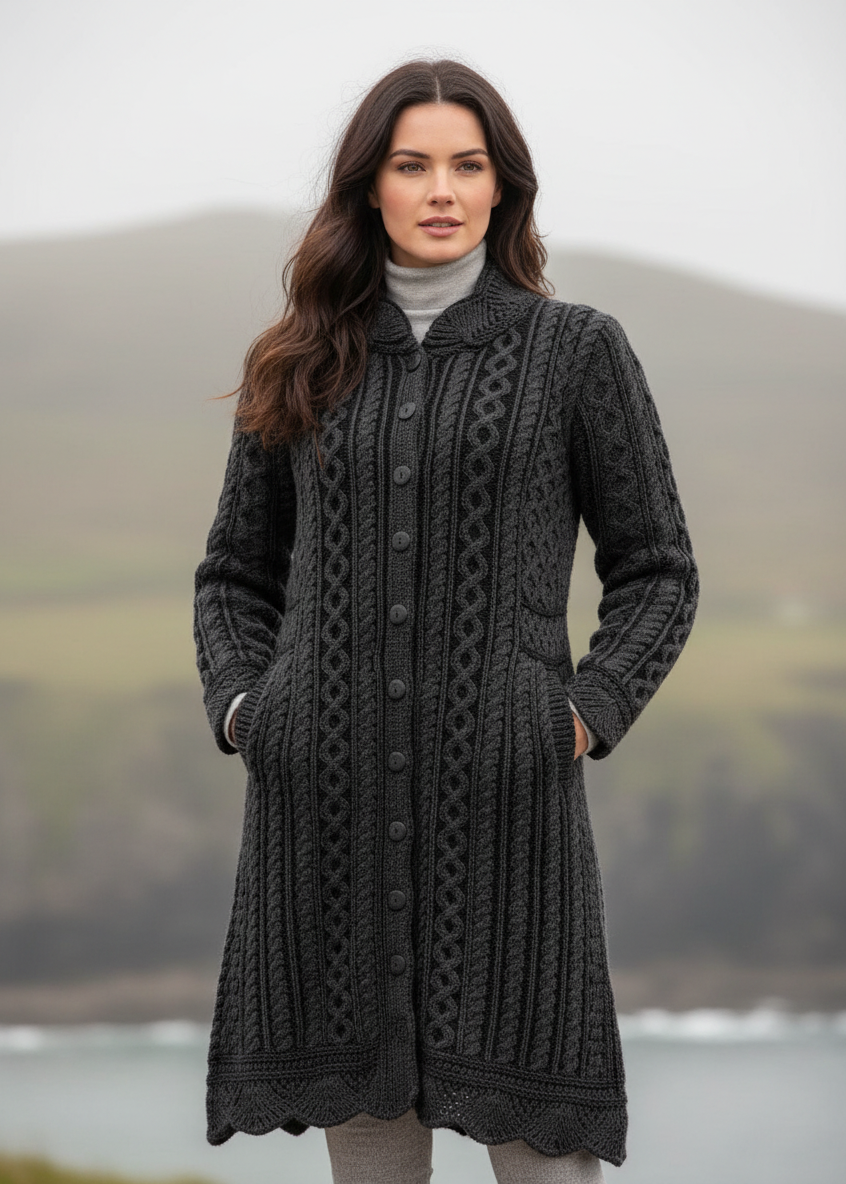Aran Crafts Scallop Edge Coat | Charcoal Grey Merino Wool