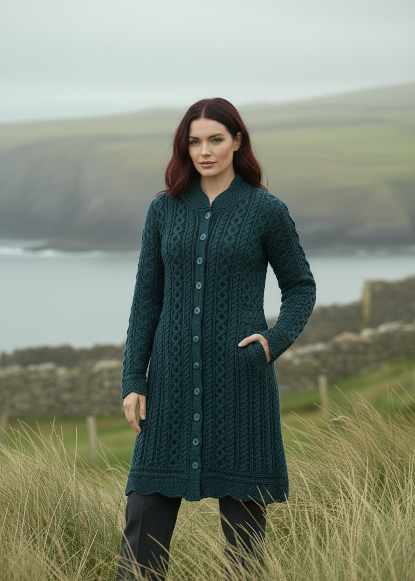 Aran Crafts Scallop Edge Long Cardigan Coat | Mallard Green Merino Wool - Countryside Pose
