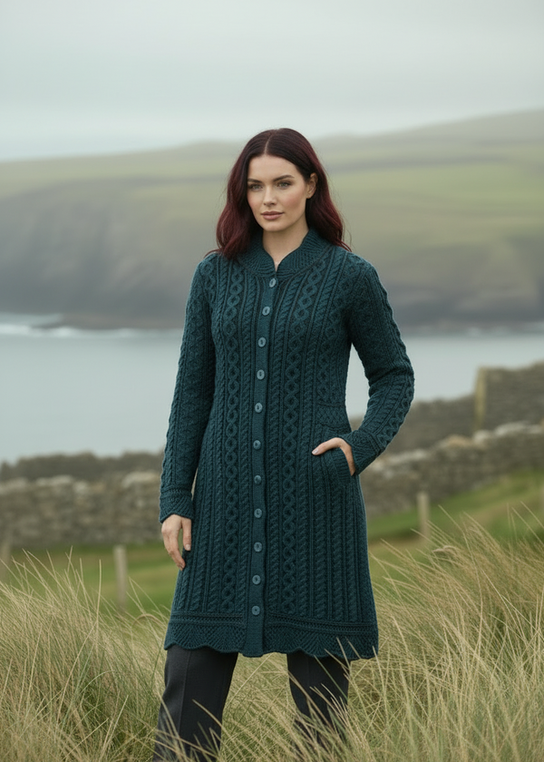 Aran Crafts Scallop Edge Long Cardigan Coat | Mallard Green Merino Wool - Countryside Pose