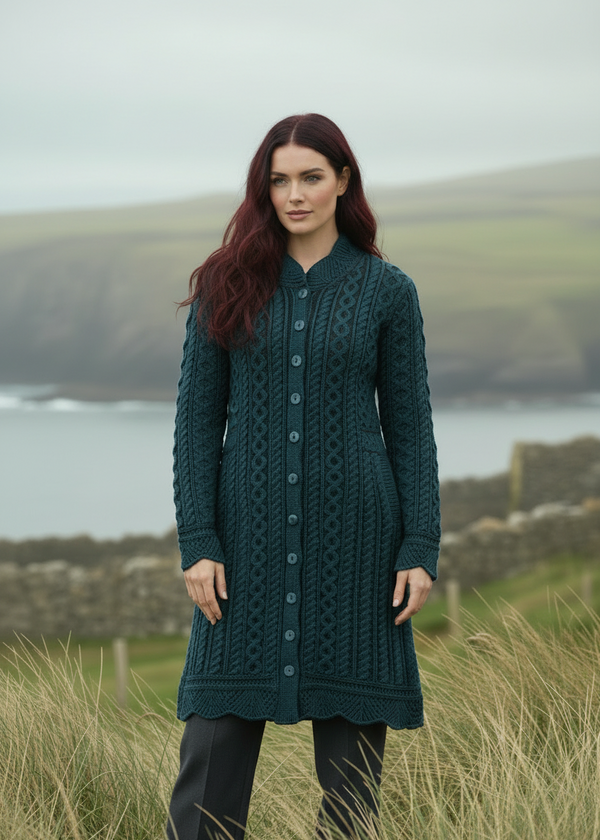 Aran Crafts Scallop Edge Long Cardigan Coat | Mallard Green Merino Wool