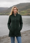 Aran Crafts Women's Army Green Plated Scallop Merino Wool Jacket | Made in Ireland