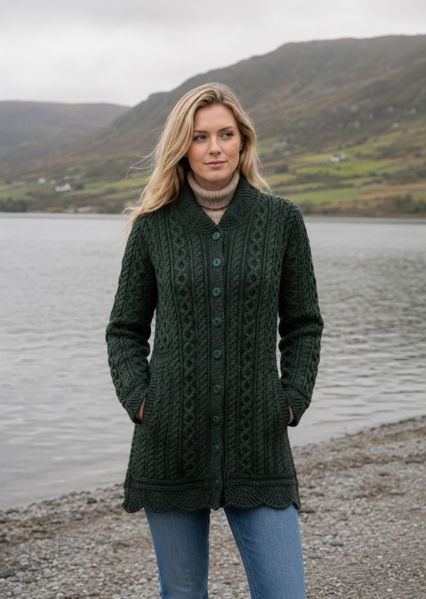 Aran Crafts Women's Army Green Plated Scallop Merino Wool Jacket | Made in Ireland