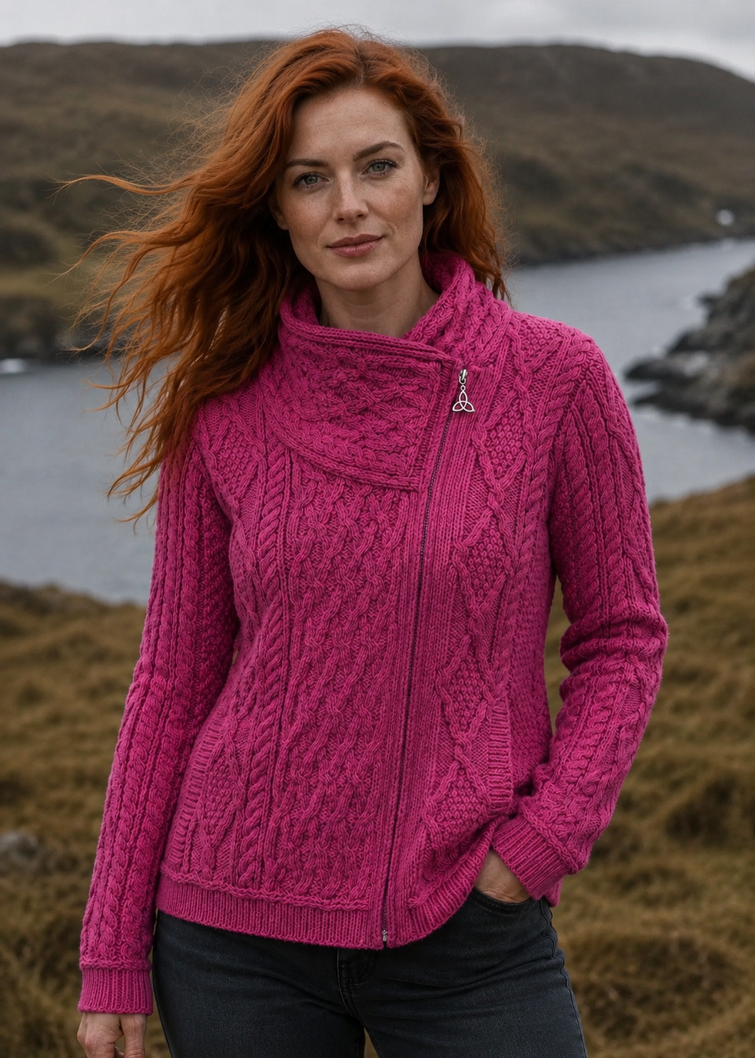 Aran Crafts Women's Fuchsia Shannon Cable Knit Side Zip Merino Wool Jacket 