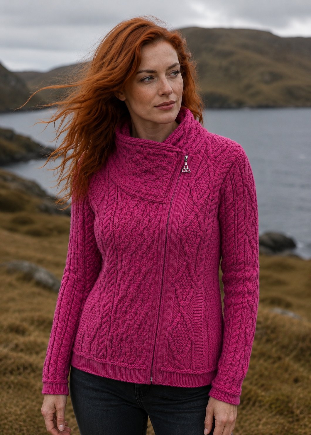 Aran Crafts Women's Fuchsia Shannon Cable Knit Side Zip Merino Wool Jacket 