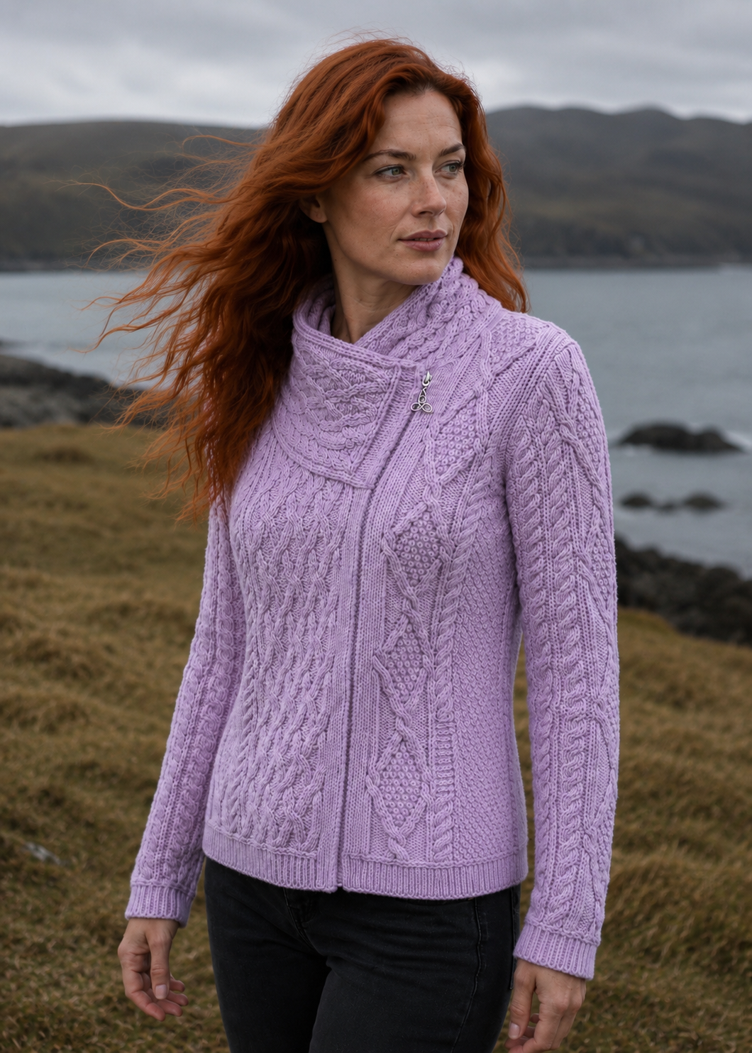Aran Crafts Women's Sky Pink Shannon Cable Knit Side Zip Merino Wool Jacket | Made in Ireland