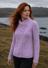 Aran Crafts Women's Sky Pink Shannon Cable Knit Side Zip Merino Wool Jacket | Made in Ireland