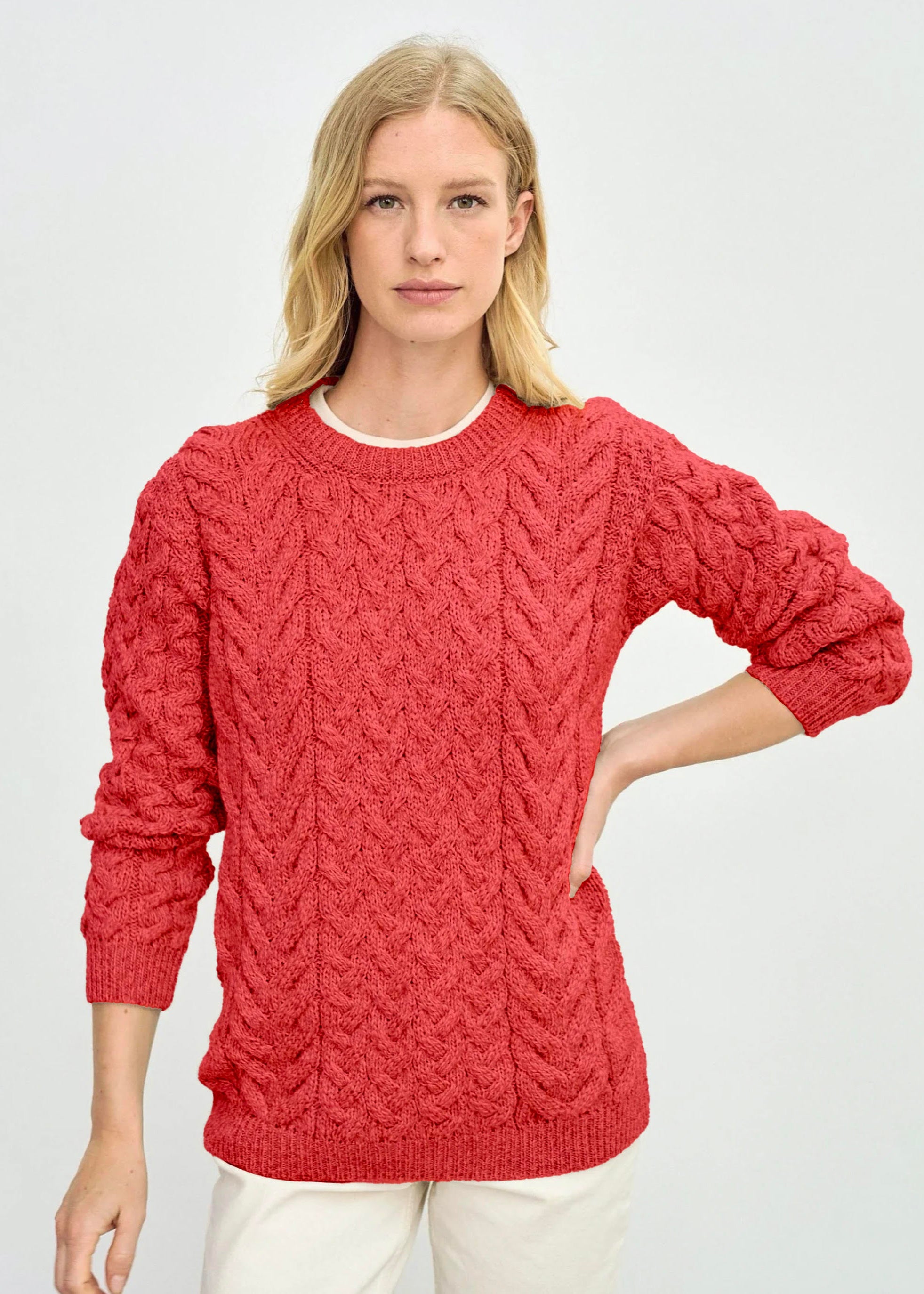 Aran Crew Neck Supersoft Sweater | Coral