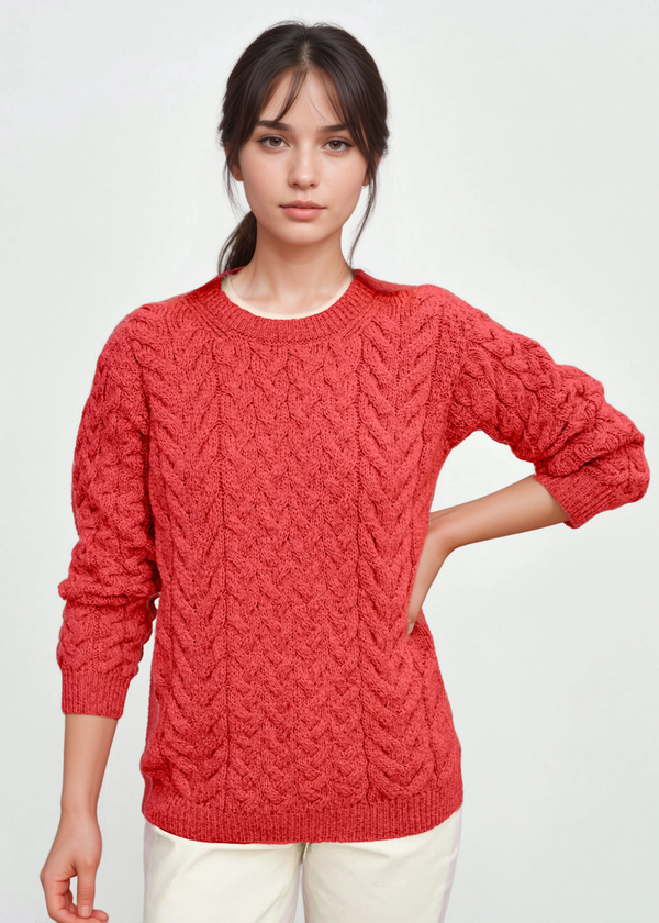 Aran Crew Neck Supersoft Sweater Coral - Clearance