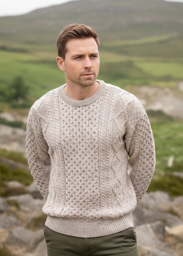 Aran Crew Neck Sweater | Oatmeal | Pure Wool