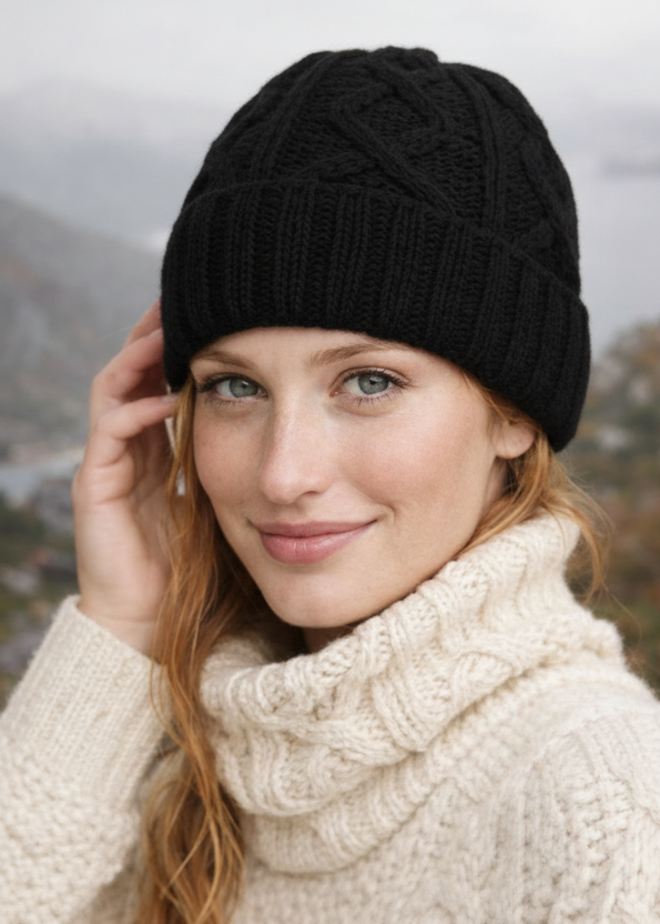 Aran Diamond Stitch Hat - Black