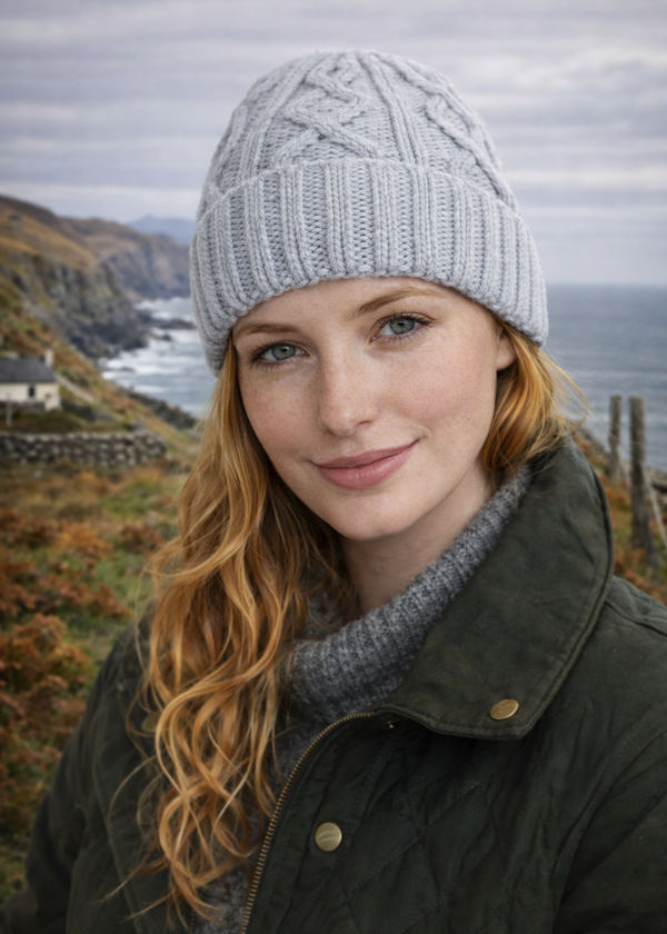Aran Diamond Stitch Hat - Feather Grey
