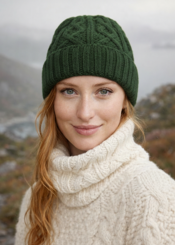 Aran Diamond Stitch Hat - Seaweed Green