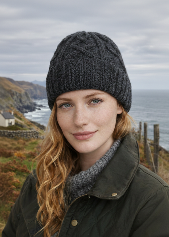 Aran Diamond Stitch Hat - Slate Grey