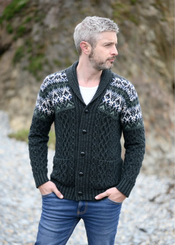 Aran Fairisle Button Cardigan | Charcoal