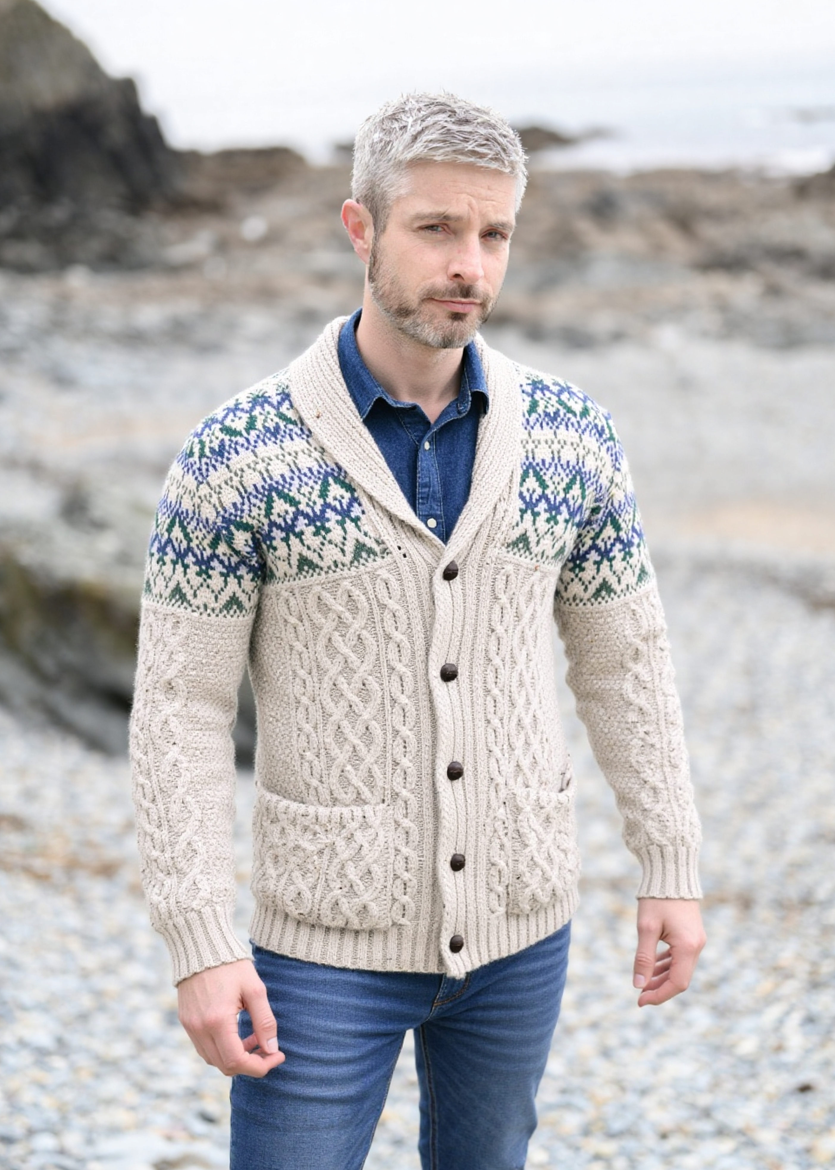 Aran Fairisle Button Cardigan | Oatmeal