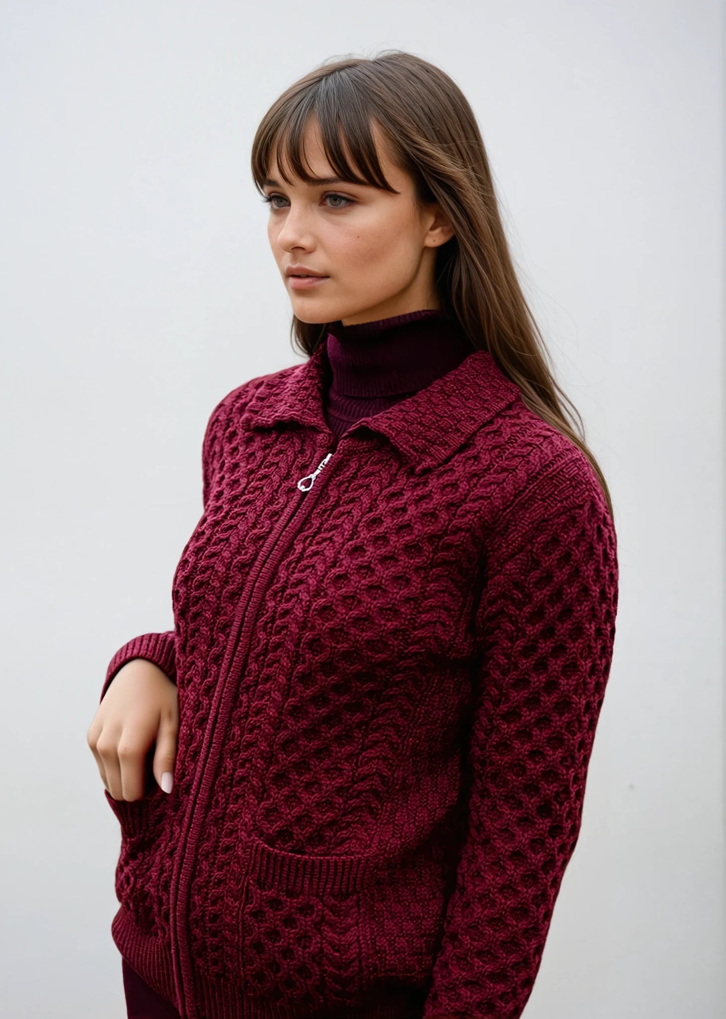 Aran Full Zip Cardigan | Raspberry Marl