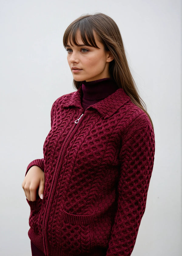 Aran Full Zip Cardigan | Raspberry Marl