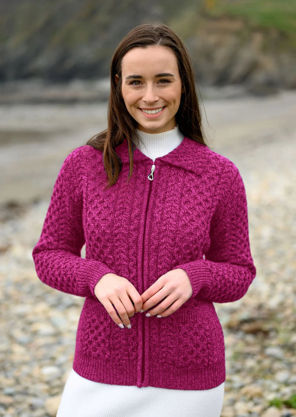Aran Full Zip Cardigan | Raspberry Marl