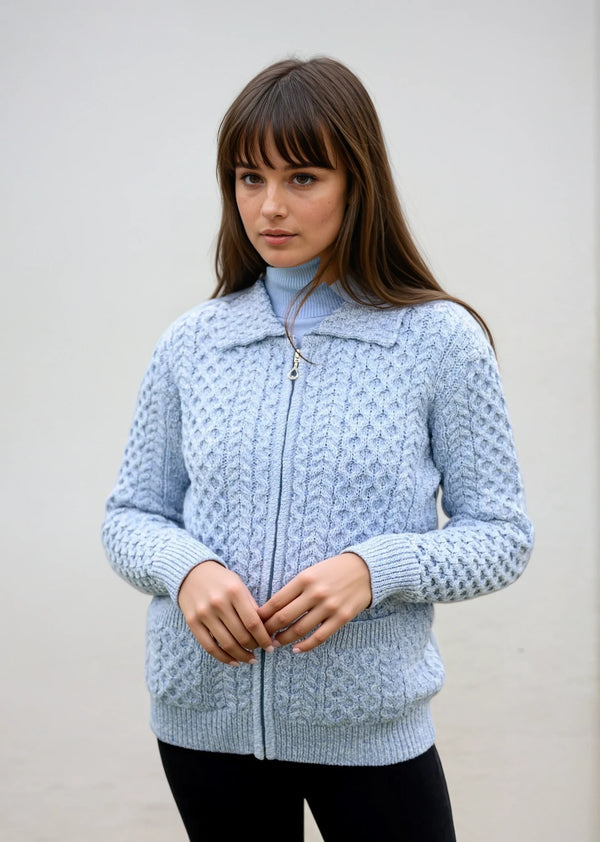 Aran Full Zip Cardigan | Sky Blue