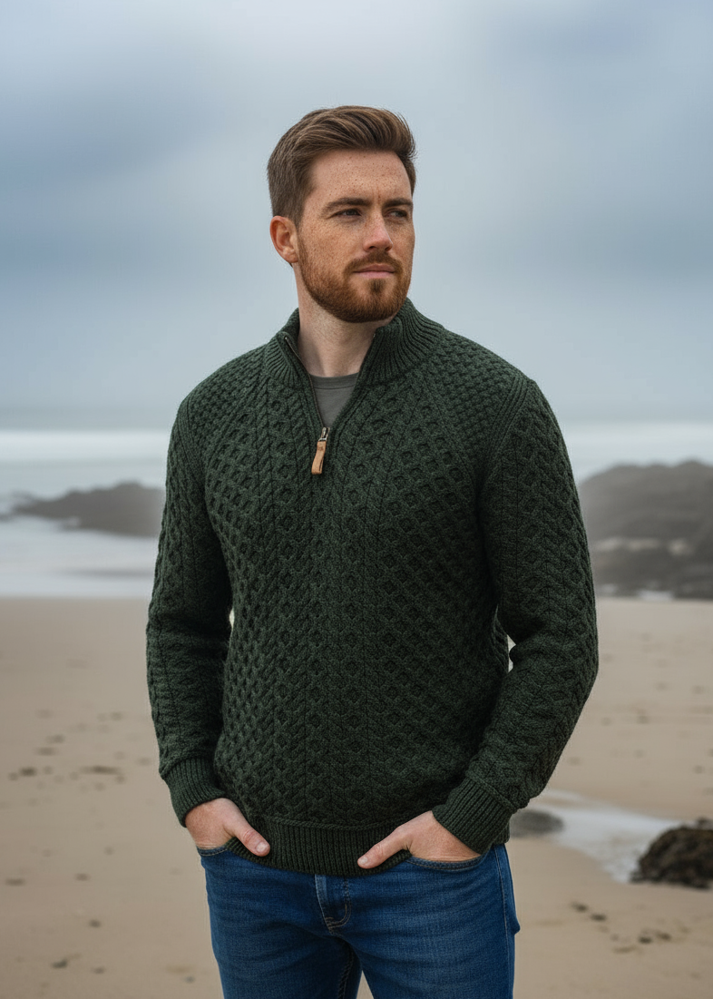 Aran Half Zip Super Soft Sweater | Green