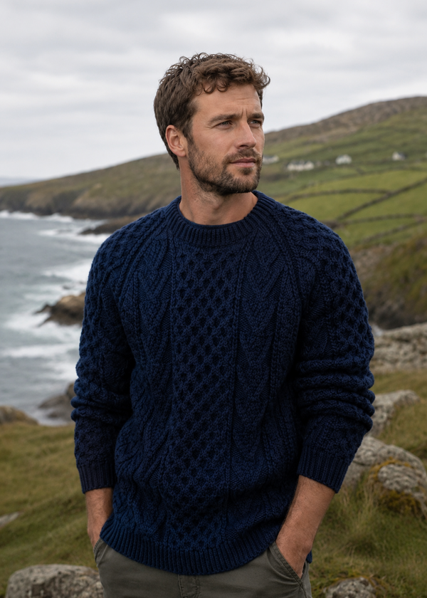 Aran Handknit Crew Neck Sweater - Atlantic