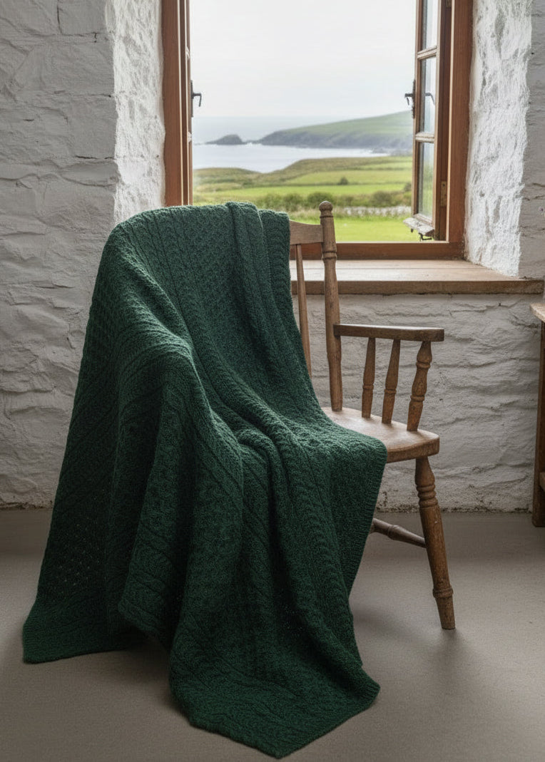 Aran Honeycomb Wool Throw | Moss Green | 100% Pure Irish Wool