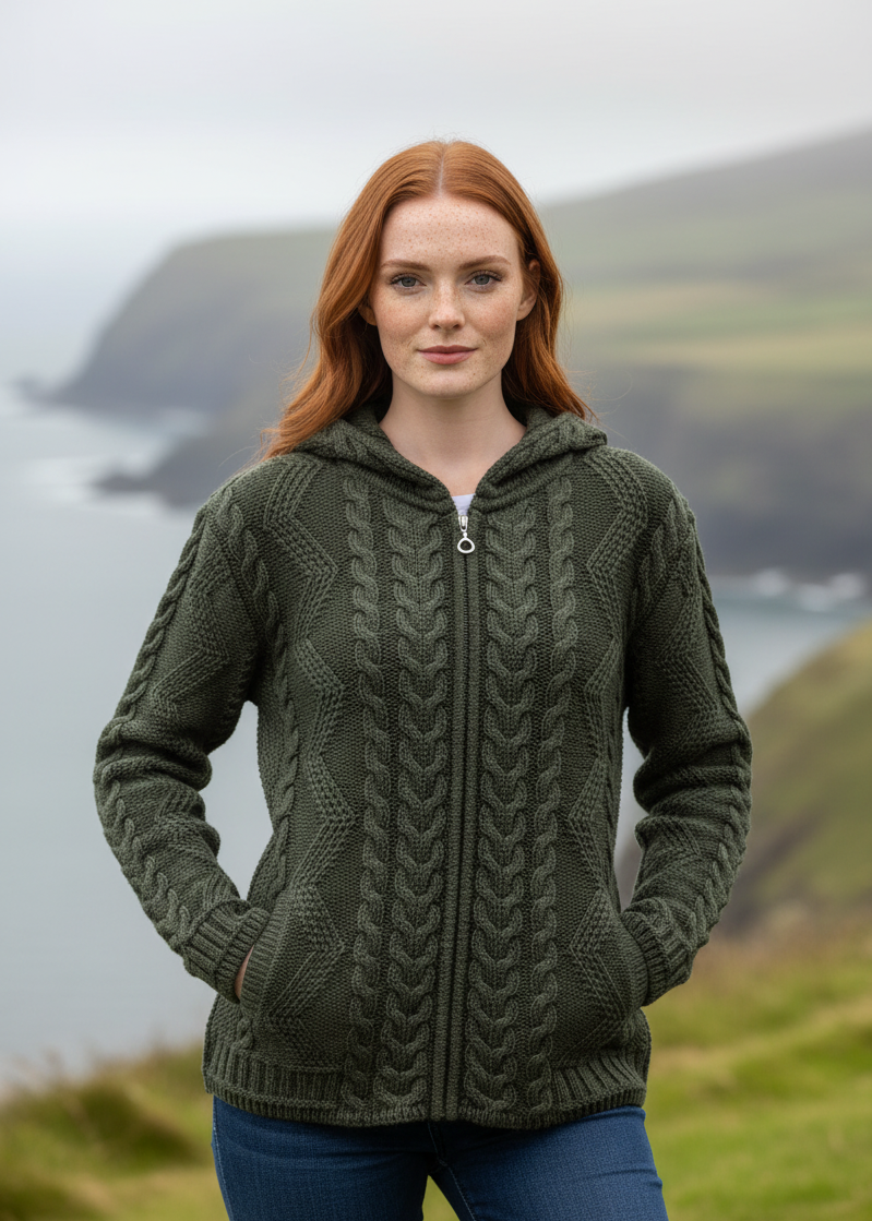 Aran Hooded Cardigan | Army Green - Clearance