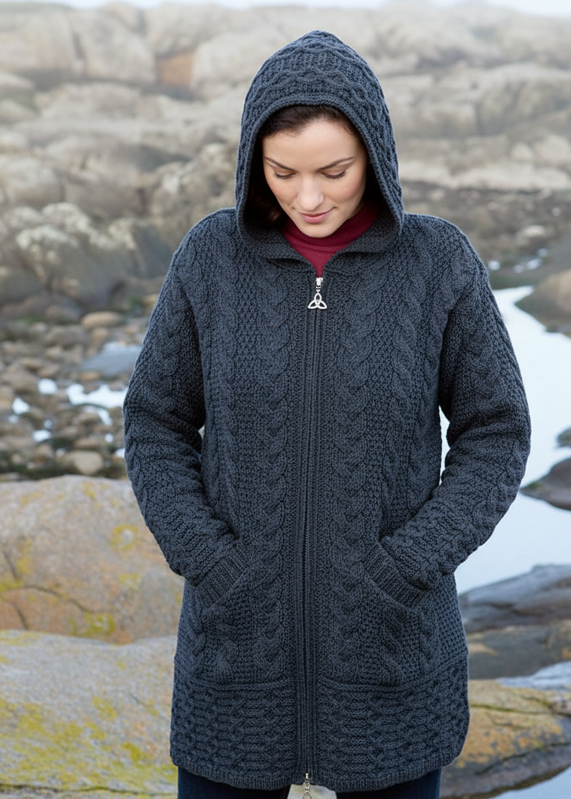 Aran Hooded Cardigan with Celtic Knot Zipper | Charcoal Grey Merino Wool