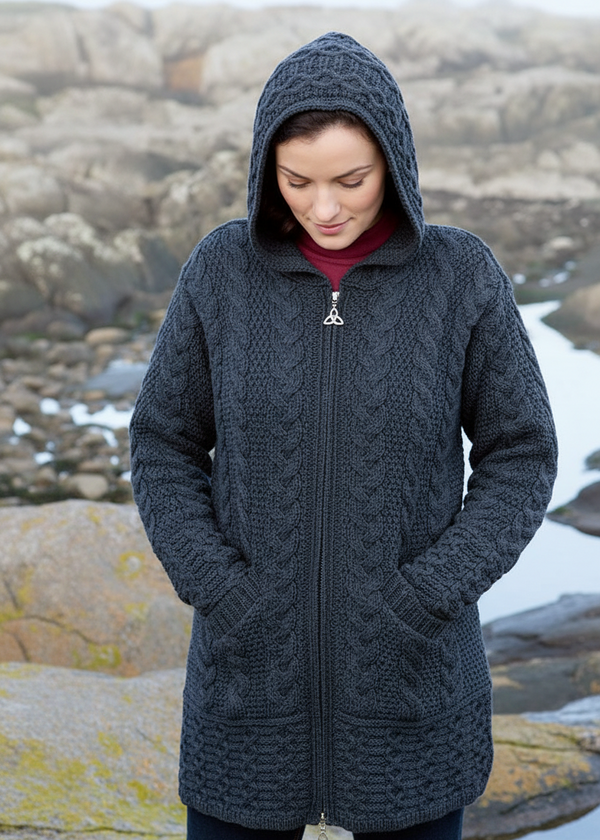 Aran Hooded Cardigan with Celtic Knot Zipper | Charcoal Grey Merino Wool