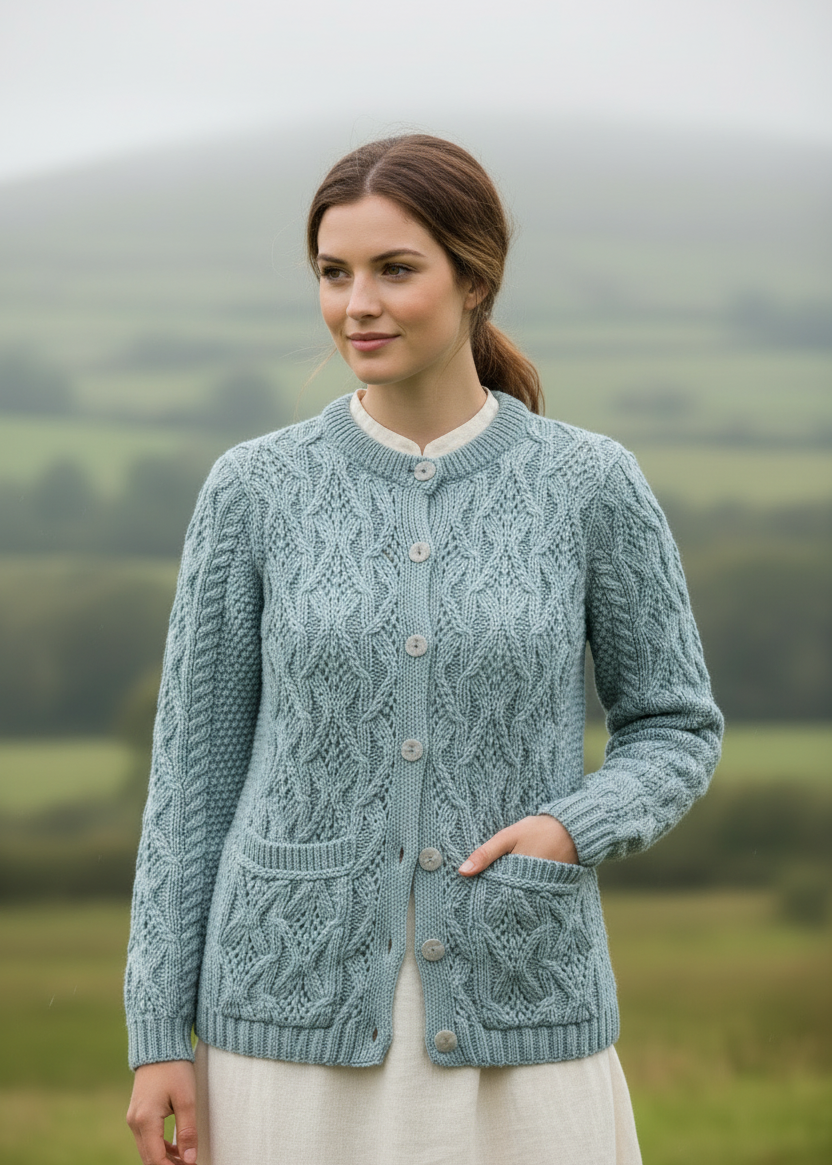 Aran Lace Style Lumber Cardigan | Mermaid Blue | 100% Merino Wool