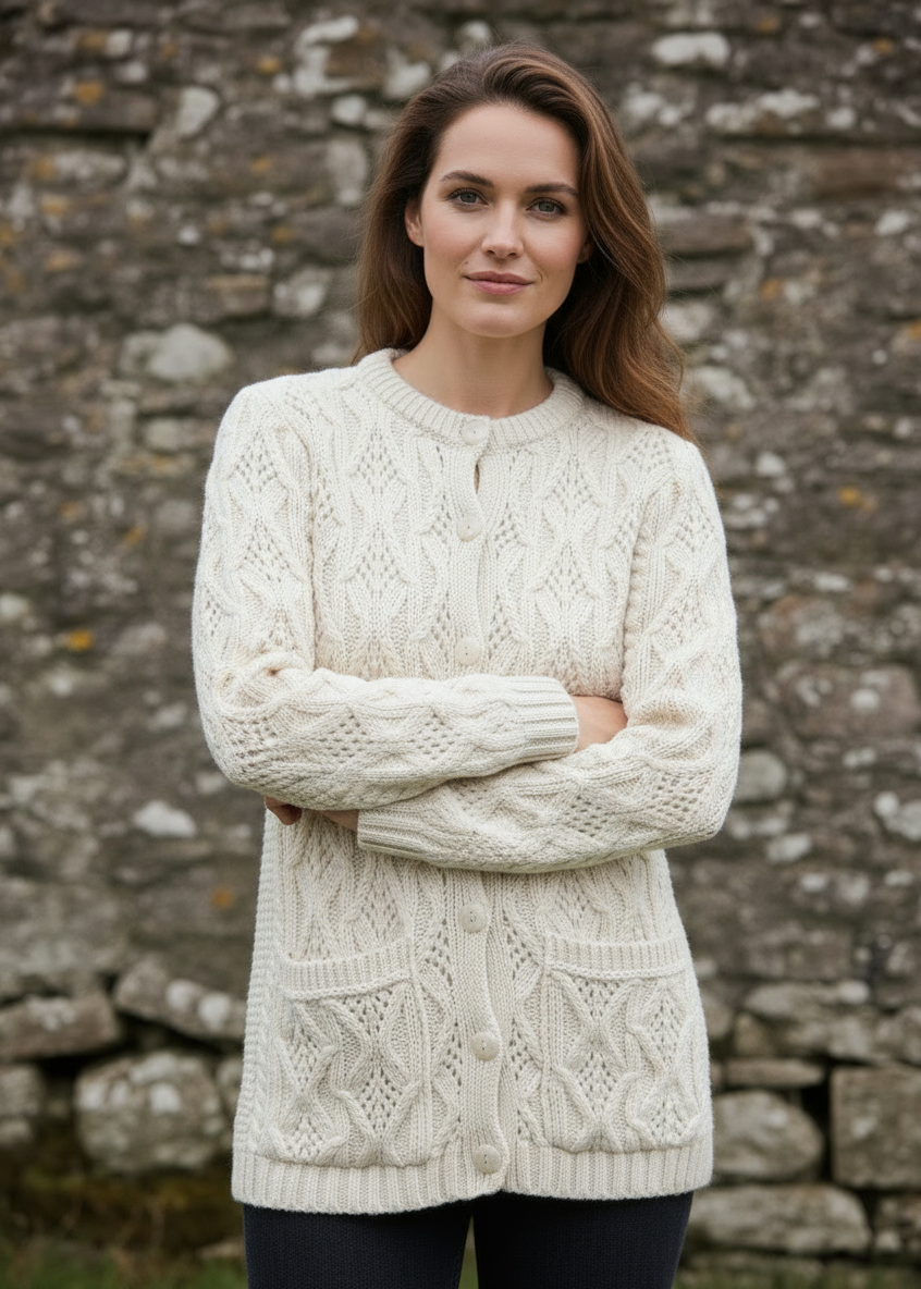 Aran Lace Style Lumber Cardigan | Natural Cream Merino Wool