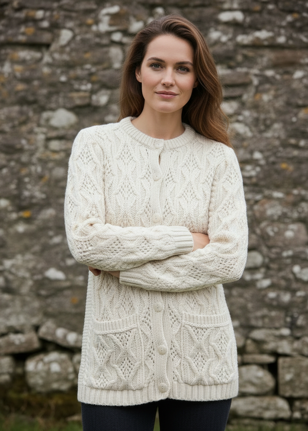 Aran Lace Style Lumber Cardigan | Natural Cream Merino Wool