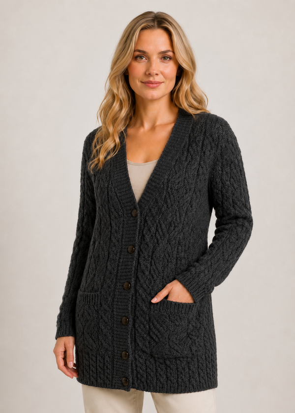 Aran Long Line Merino Cardigan | Charcoal