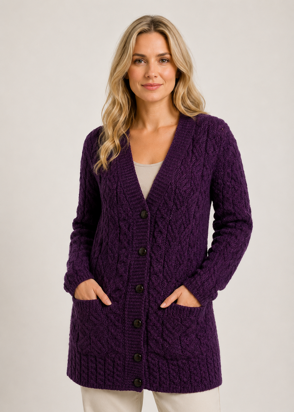 Aran Long Line Merino Cardigan | Purple Haze
