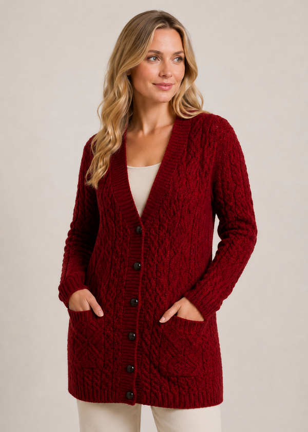 Aran Long Line Merino Cardigan | Red 