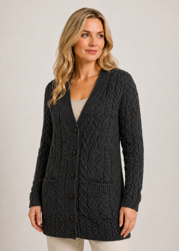 Aran Long Line Merino Cardigan | Charcoal